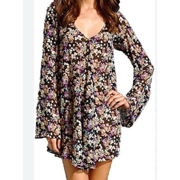 For Love & Lemons Day Tripper Dress Tunic Floral Blouse Black Hippy Boho Sz XS - Picture 1 of 7